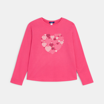 تيشرت بأكمام طويلة، باللون الوردي ومُزيَّن برسمة قلب، للفتيات